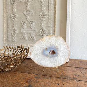 decorative white and blue brazilian agate slab on brass stand