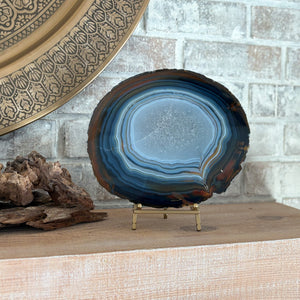 natural blue brazilian agate platter on brass stand