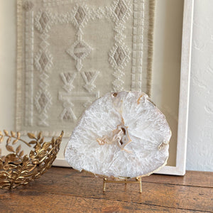 natural white agate crystal slab on brass stand