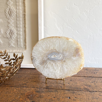 thick brazilian agate slice on stand, neutral home decor, neutral home accents
