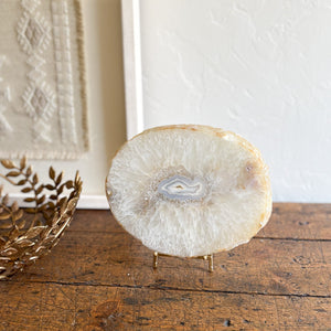 neutral brazilian thick agate slab on brass easel stand