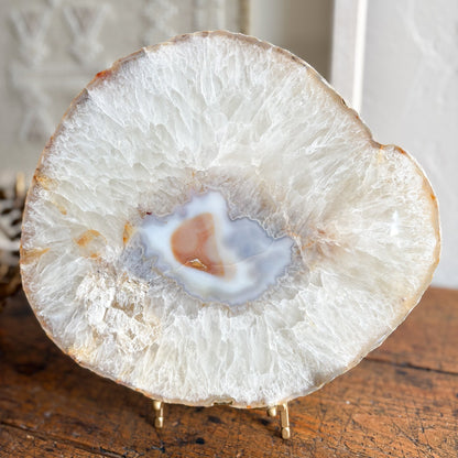 natural white and blue thick brazilian agate slab on brass stand