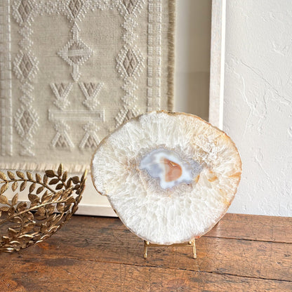 natural thick brazilian agate platter on brass stand