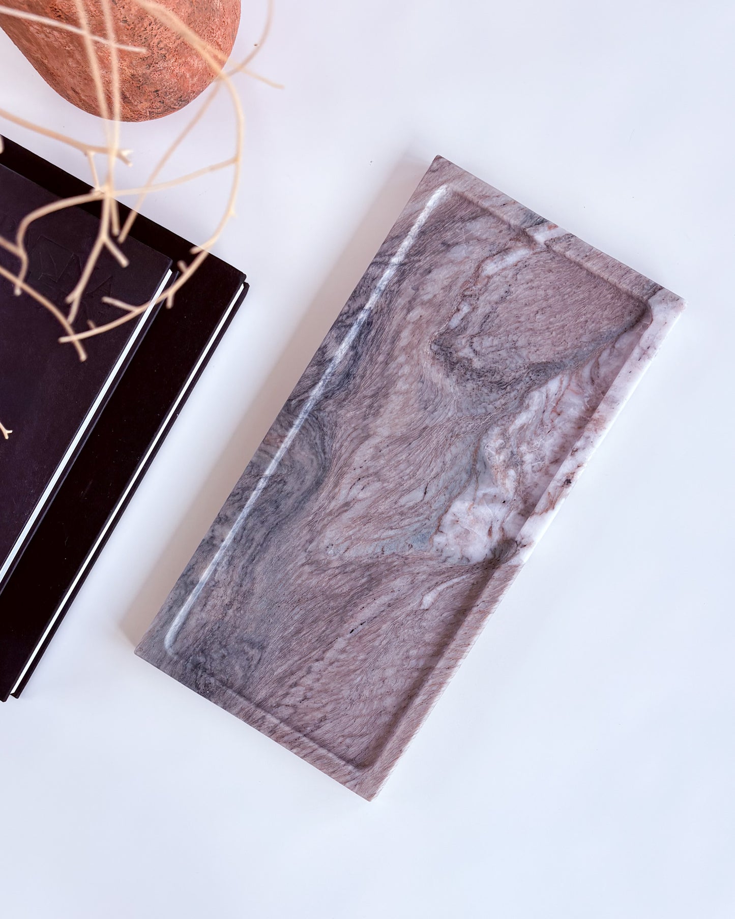Large rectangular Pocahontas marble tray with soft gray, cream, and taupe veining for modern organic home décor.