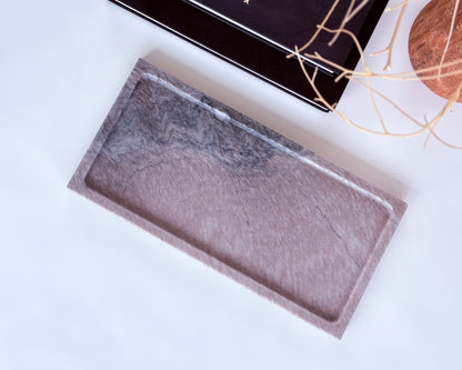 Luxury natural stone Pocahontas marble tray with dramatic gray veining, perfect for styling coffee tables, consoles, and ottomans.