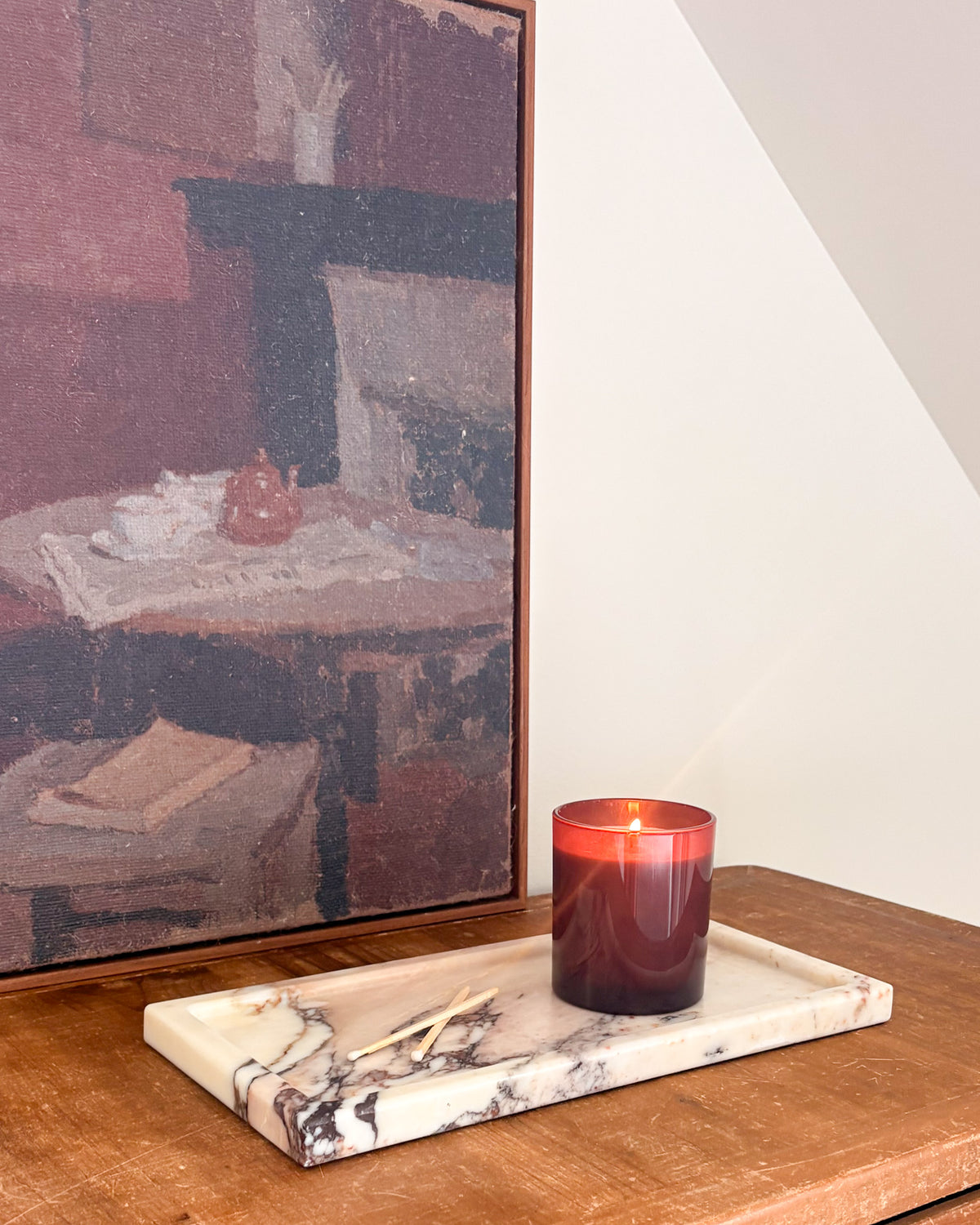 Rectangular Calacatta Viola marble tray with dramatic natural veining