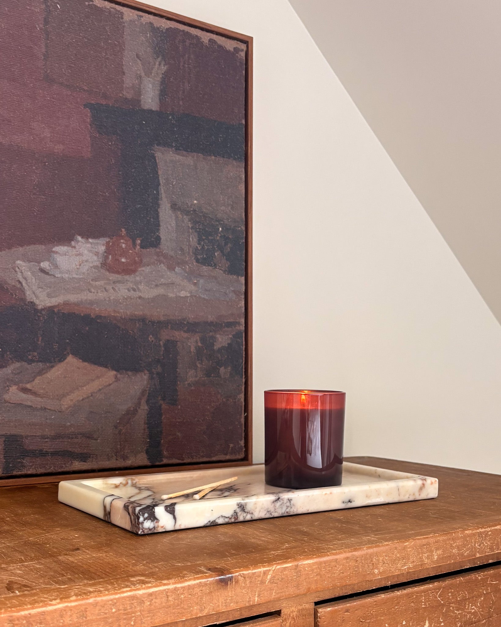 Calacatta Viola marble tray with dramatic burgundy and grey natural veining