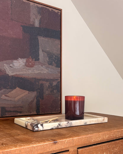 Calacatta Viola marble tray with dramatic burgundy and grey natural veining