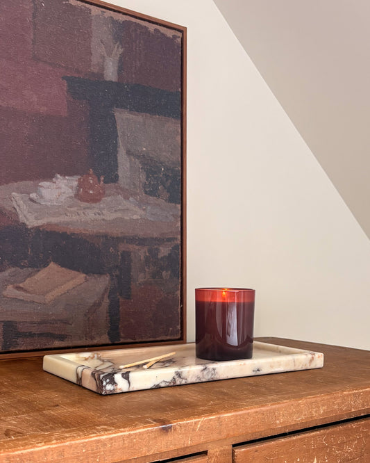 Calacatta Viola marble tray with dramatic burgundy and grey natural veining