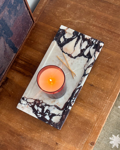 Rectangular natural stone tray crafted from Calacatta Viola marble