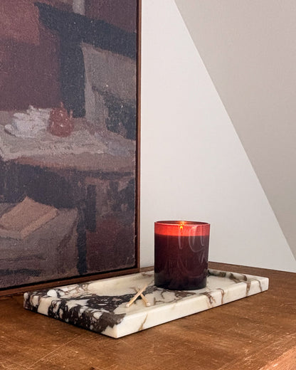 Italian Calacatta Viola marble tray with rich burgundy and violet veining