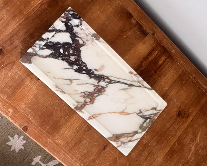 Calacatta Viola marble decorative tray with dramatic organic stone pattern
