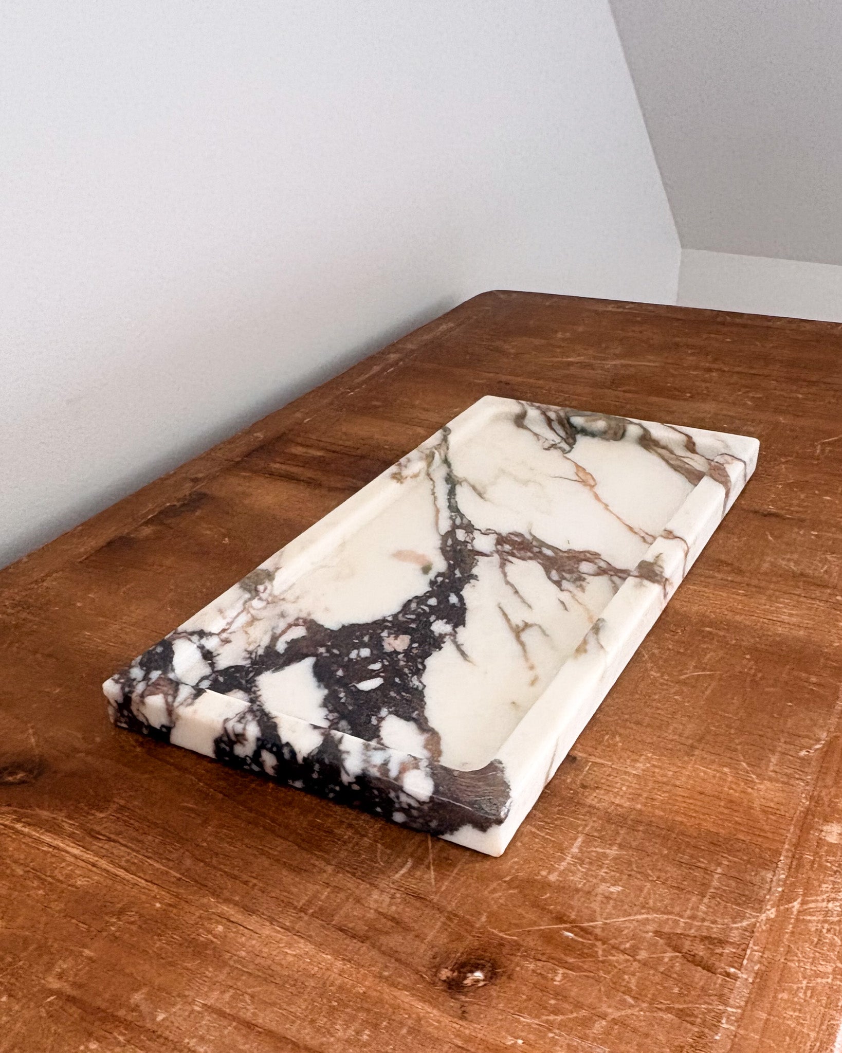 One-of-a-kind Calacatta Viola marble tray with expressive natural veining