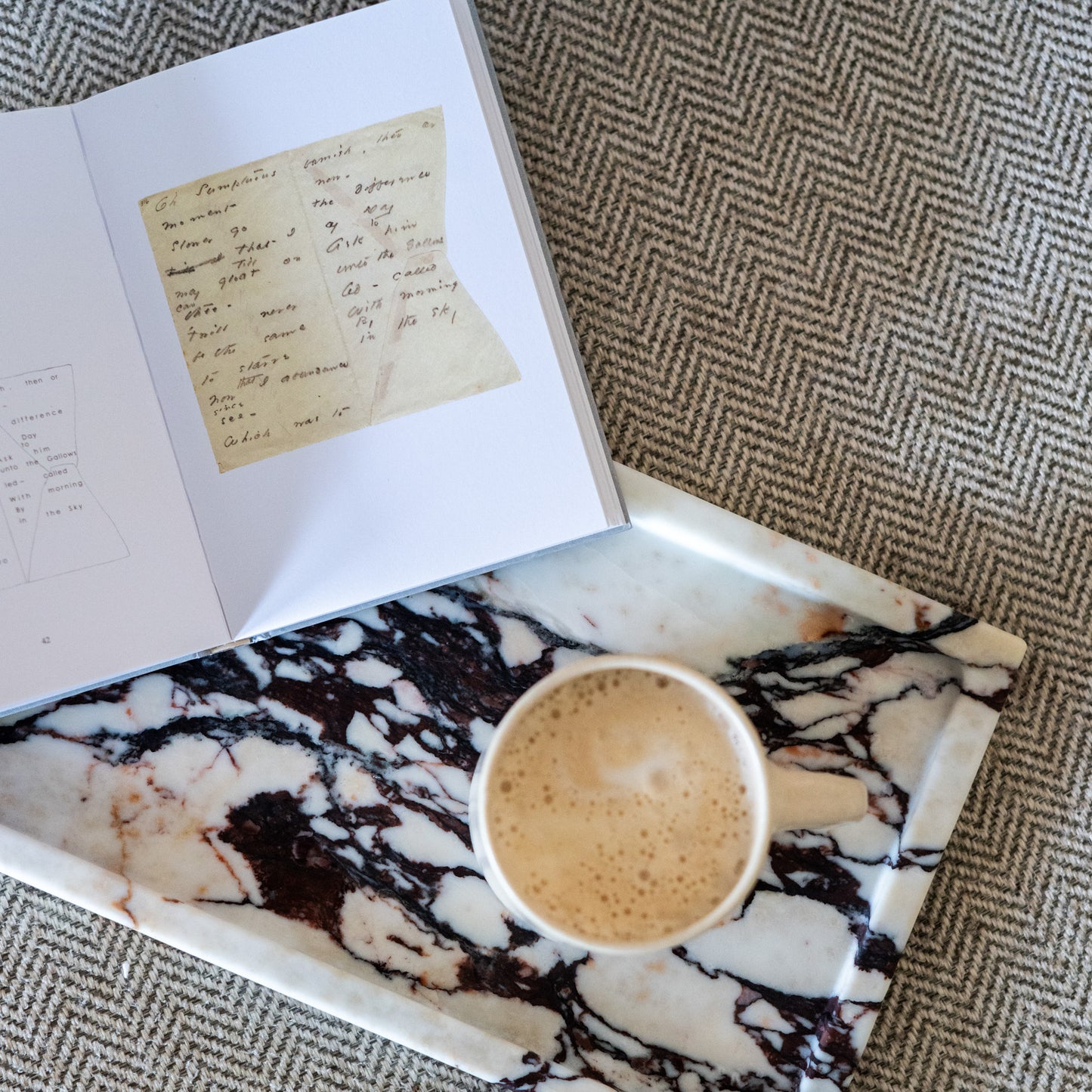 Rectangular marble tray handcrafted from authentic Calacatta Viola stone
