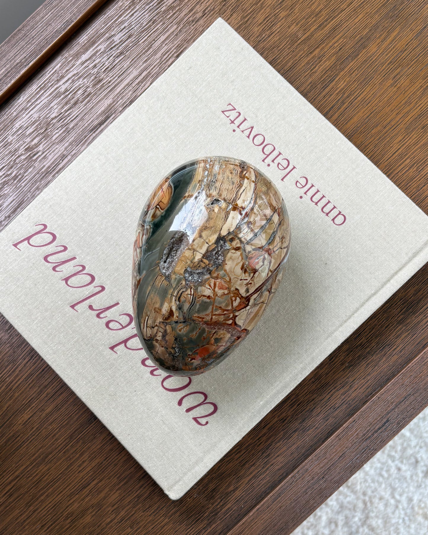 One-of-a-kind polished Ibis Jasper egg featuring scenic earth-tone mineral patterns