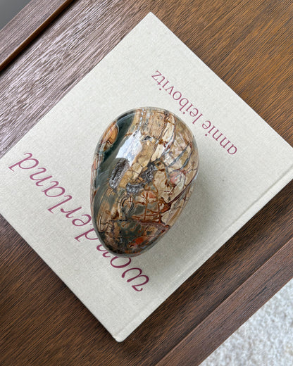 One-of-a-kind polished Ibis Jasper egg featuring scenic earth-tone mineral patterns