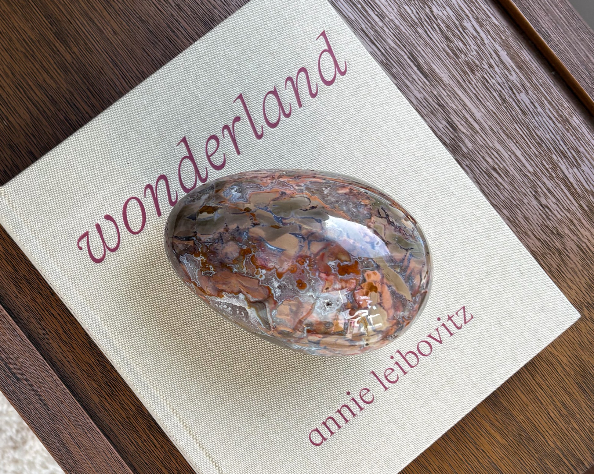 One-of-a-kind Ibis Jasper egg displayed as a luxury natural stone home décor accent