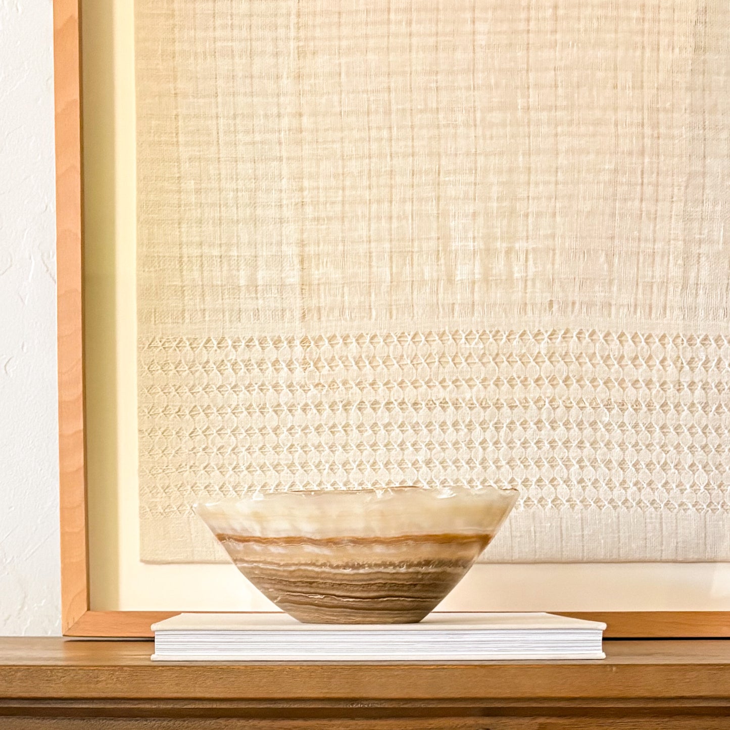 Artisan handcrafted amber onyx decorative bowl with unique veining