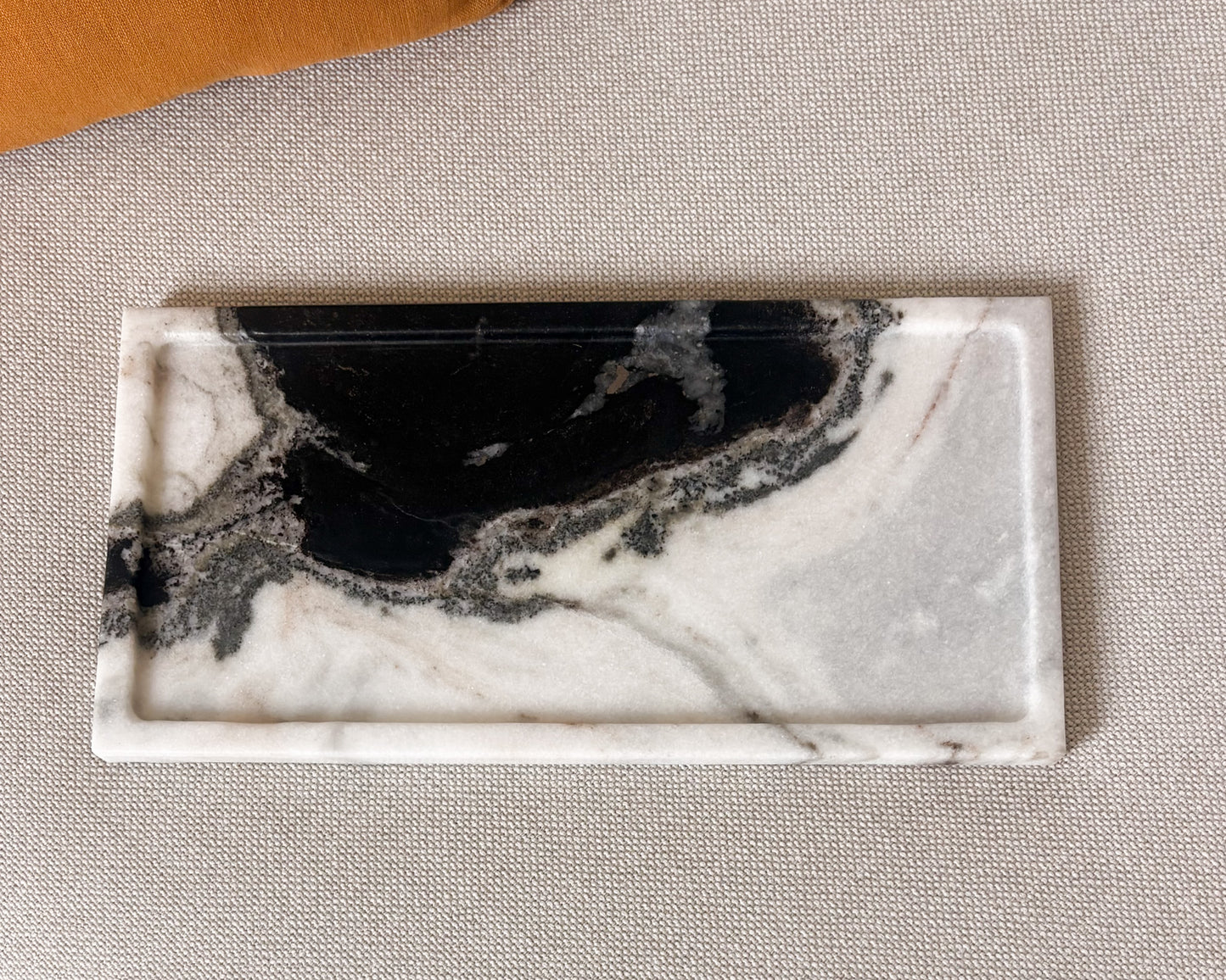 Rectangular Panda marble decorative tray with dramatic black and white veining