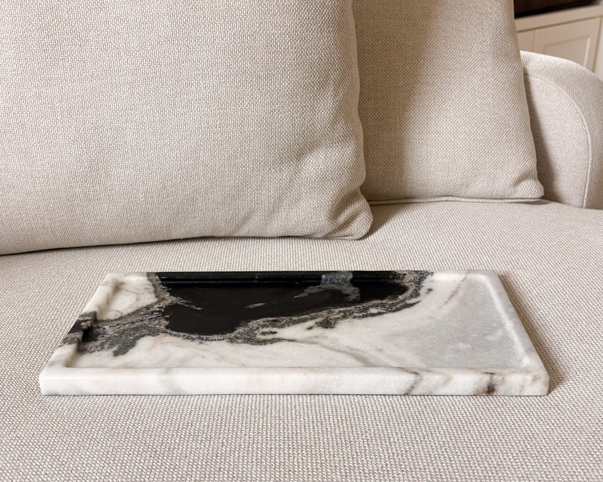 Panda marble ottoman tray styled with candle and matches