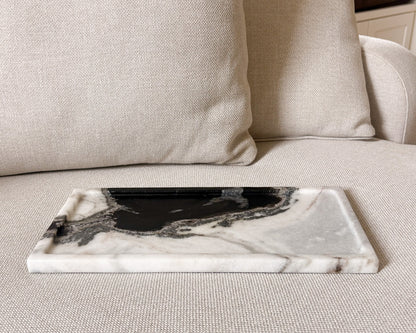 Panda marble ottoman tray styled with candle and matches