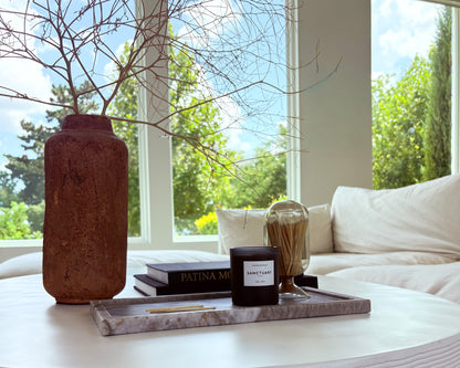 Decorative large Pocahontas marble tray with natural gray and taupe veining, styled as a luxury coffee table centerpiece.
