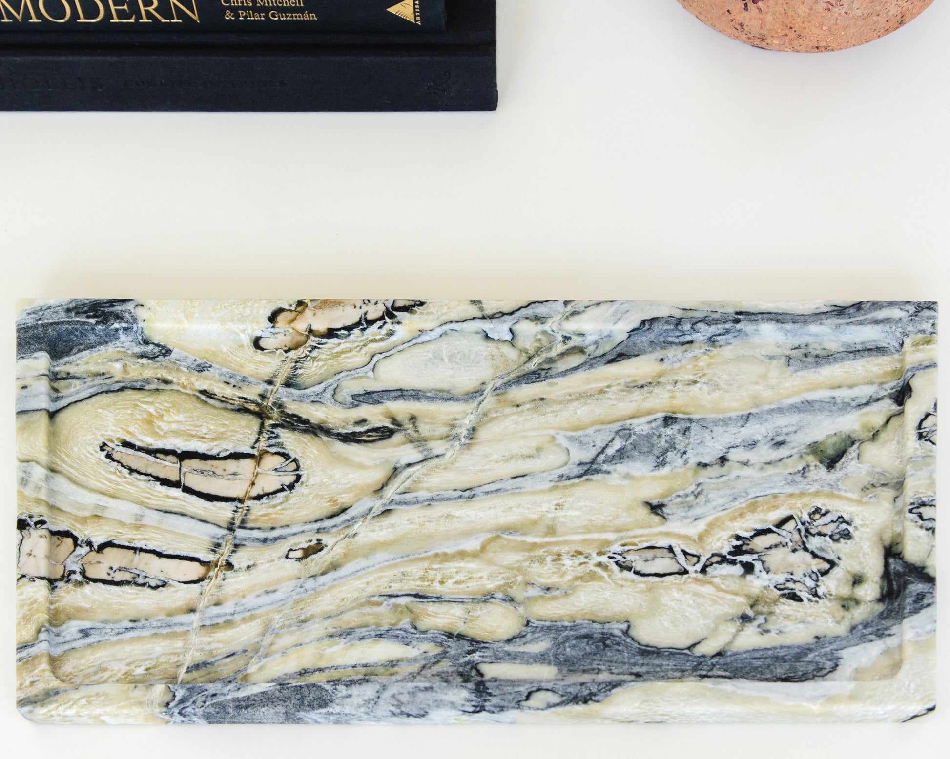 Handcrafted large Twilight marble tray for coffee tables, consoles, and ottomans