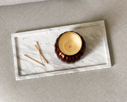 Natural Volakas marble tray with white background and distinctive grey veining