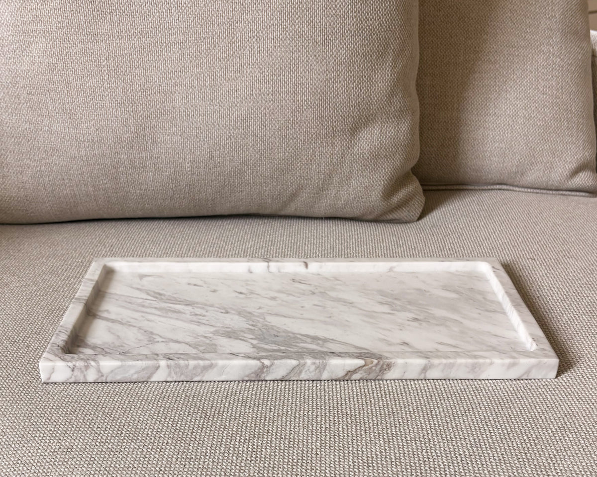Volakas marble ottoman tray with elegant white and grey stone pattern