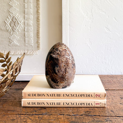 Decorative stone on top of two 'Audubon Nature Encyclopedia' books with a textured wall and gold leaf decoration in the background.