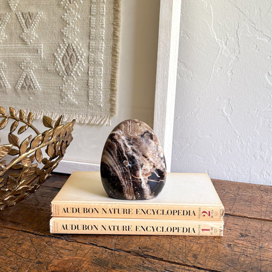 Decorative stone on top of two 'Audubon Nature Encyclopedia' books with a gold leafy object and textured wall in the background.