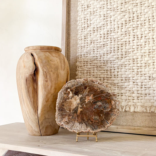 decorative petrified wood slab on brass easel stand