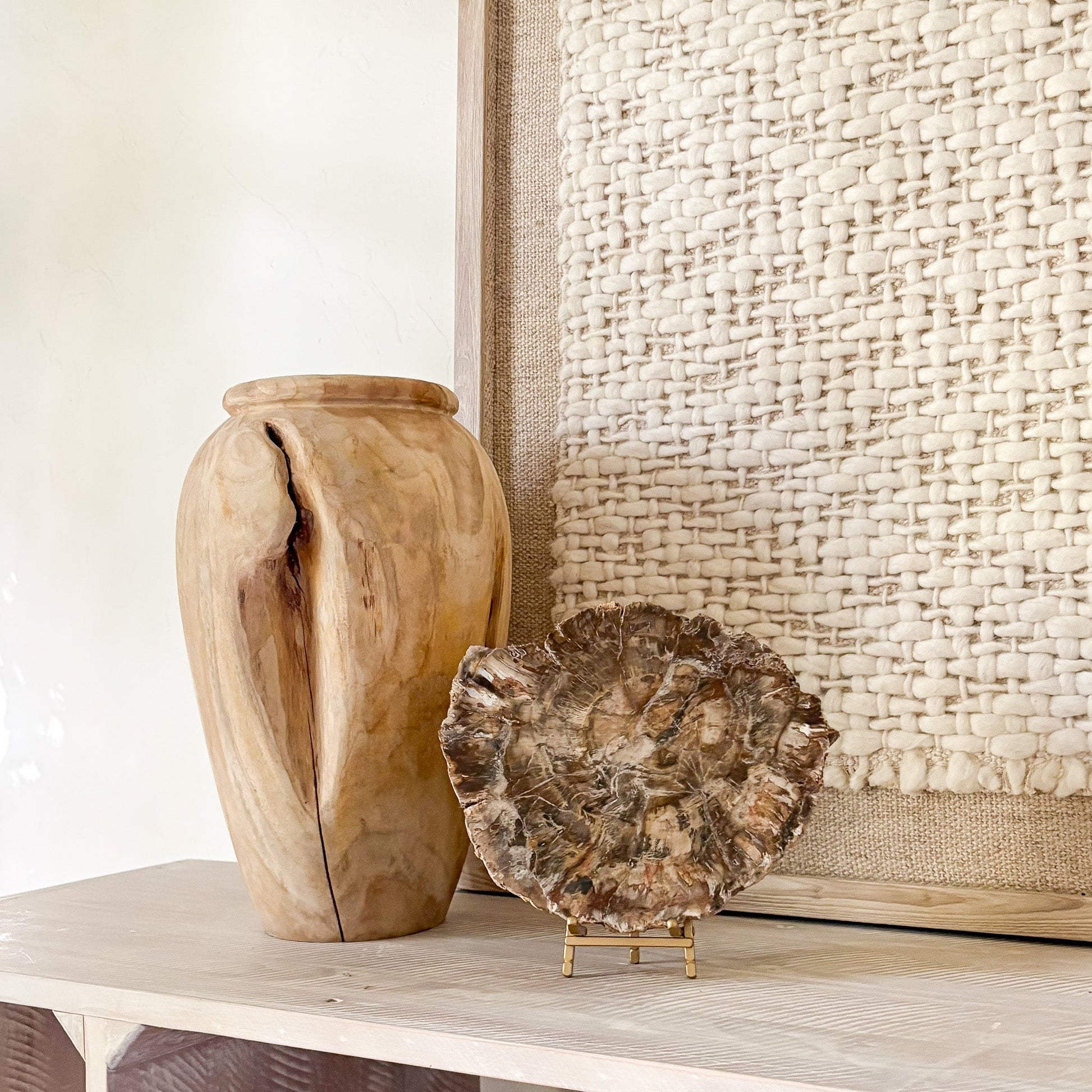 decorative petrified wood slab on brass easel stand