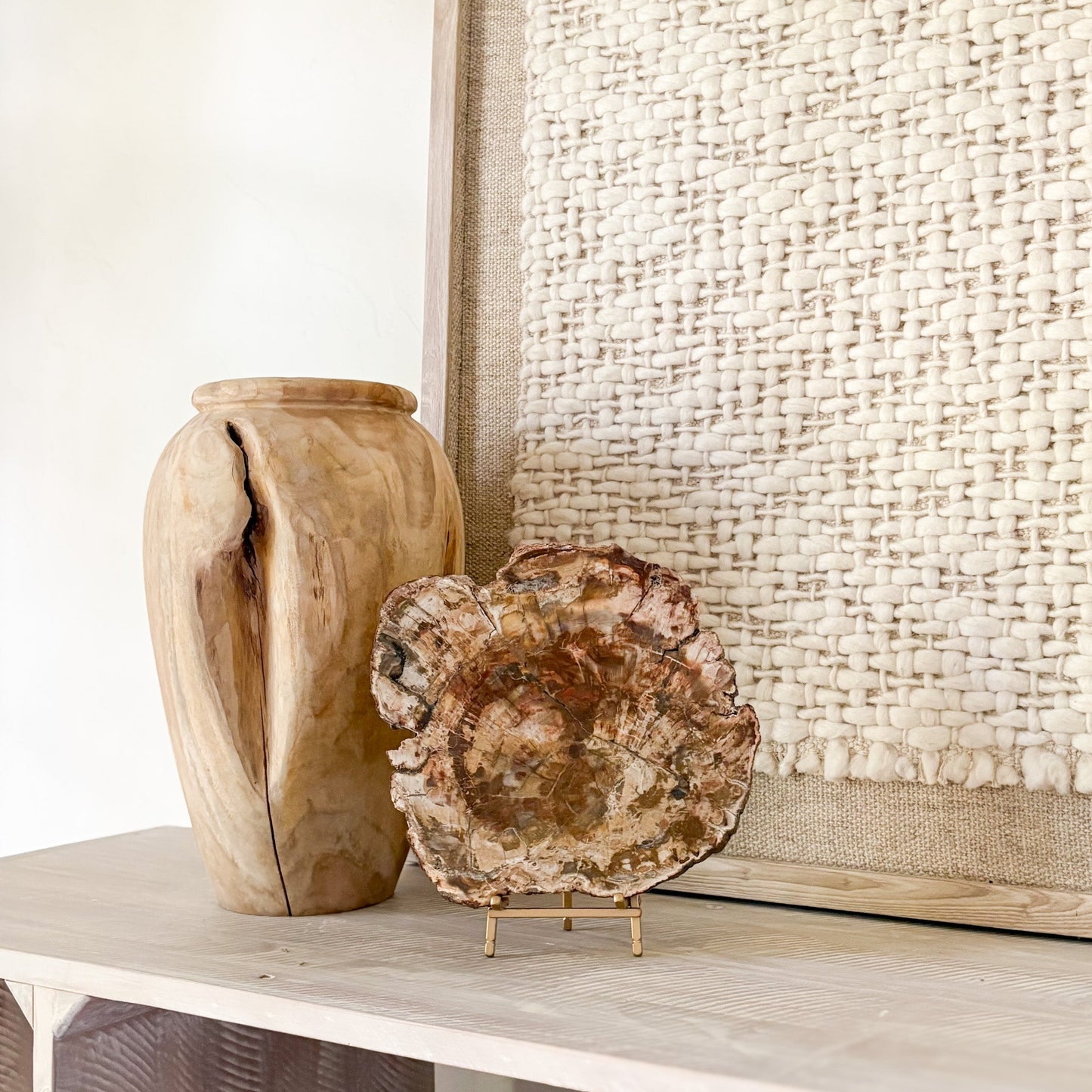 decorative fossilized wood slab on brass easel stand