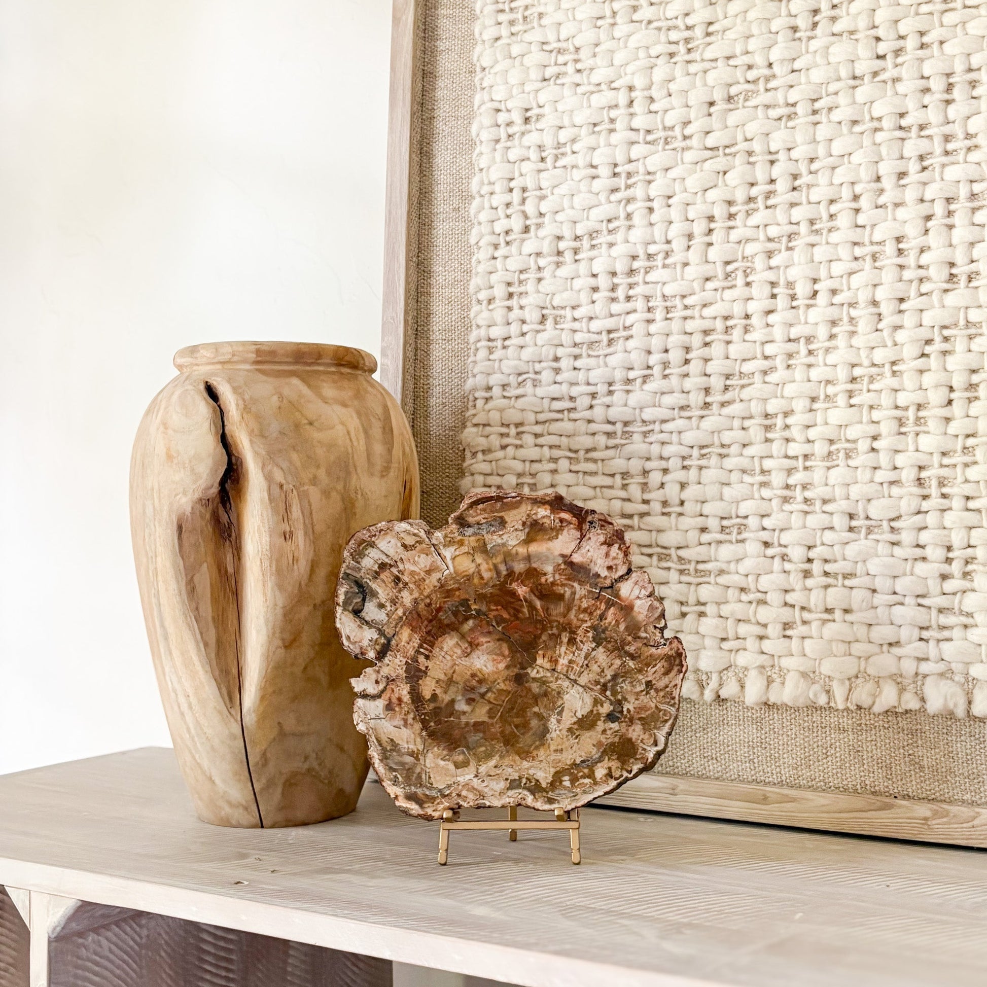 decorative fossilized wood slab on brass easel stand