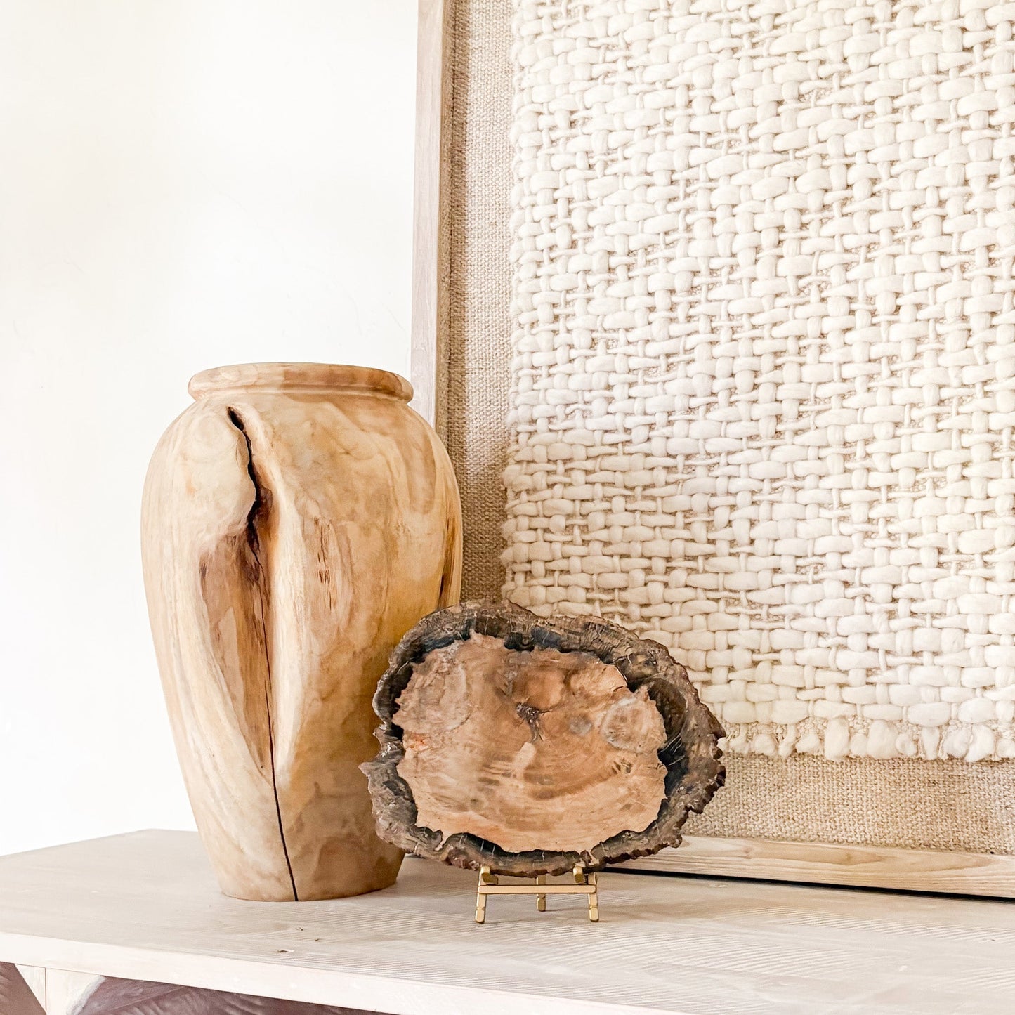 decorative fossilized wood slab on brass easel stand