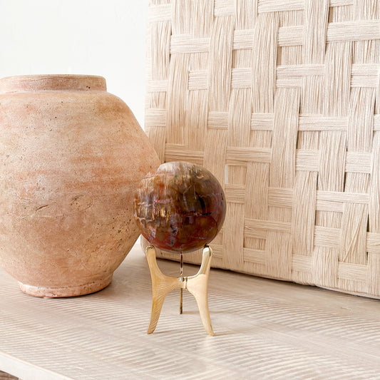decorative fossilized wood sphere on brass stand