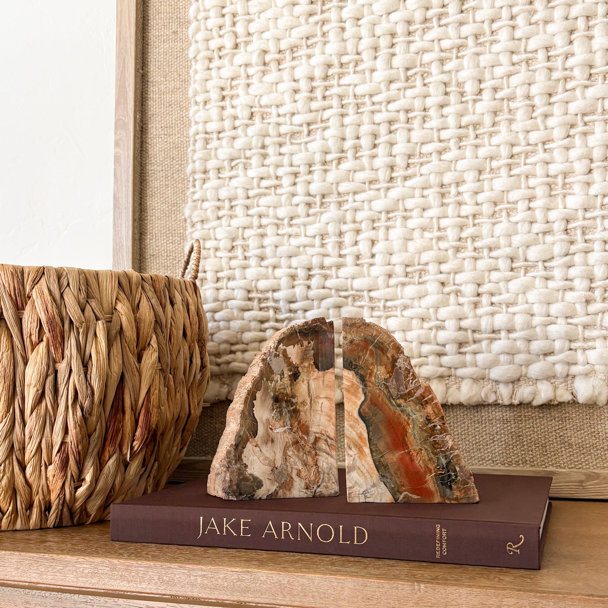 Natural Madagascar petrified wood bookends featuring agatized fossil detail and earthy mineral bands
