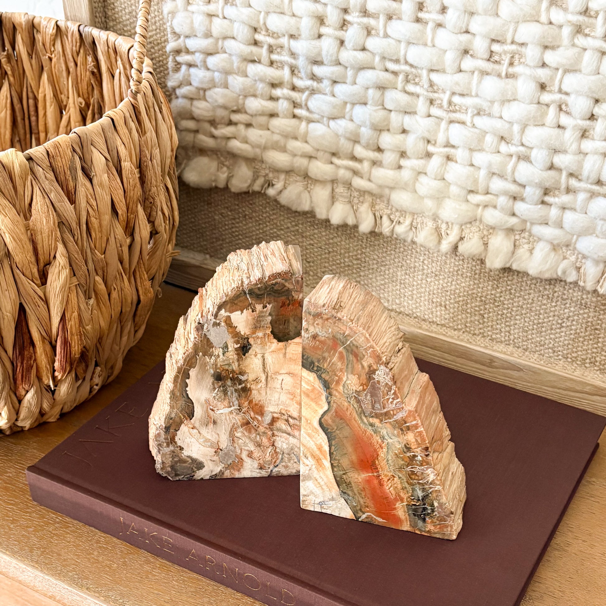 Polished Madagascar petrified wood bookend set with cream and red mineral veining