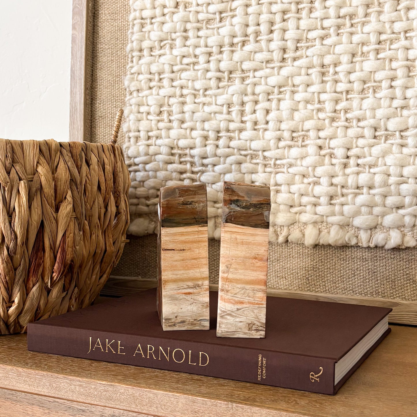 Agatized petrified wood bookends from Madagascar with organic raw edges and polished interior face