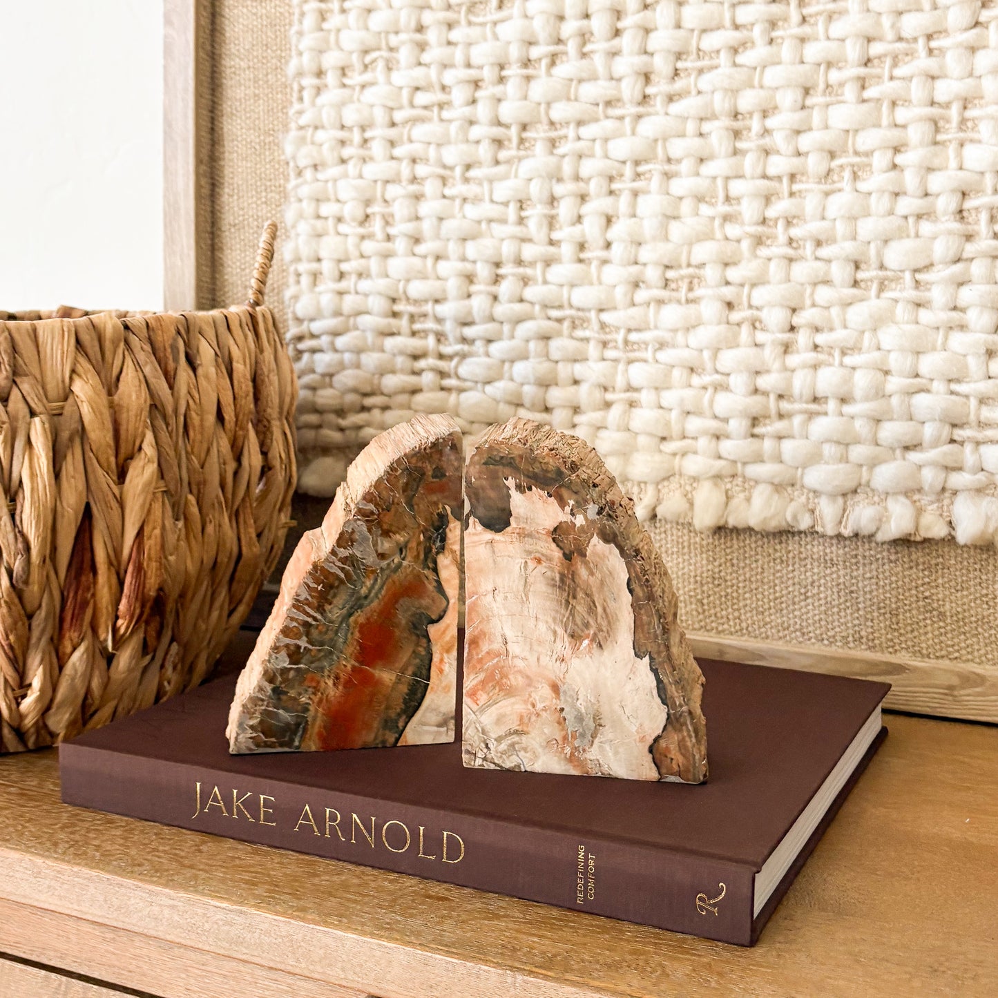 Authentic Madagascar petrified wood bookends showcasing fossilized tree rings and mineral patterns