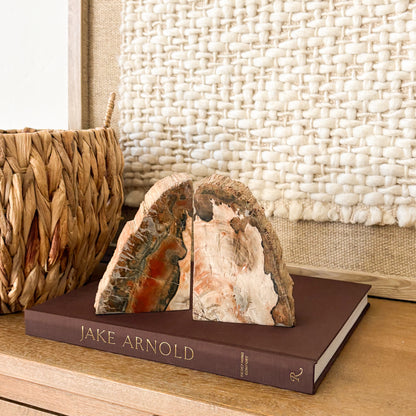 Authentic Madagascar petrified wood bookends showcasing fossilized tree rings and mineral patterns