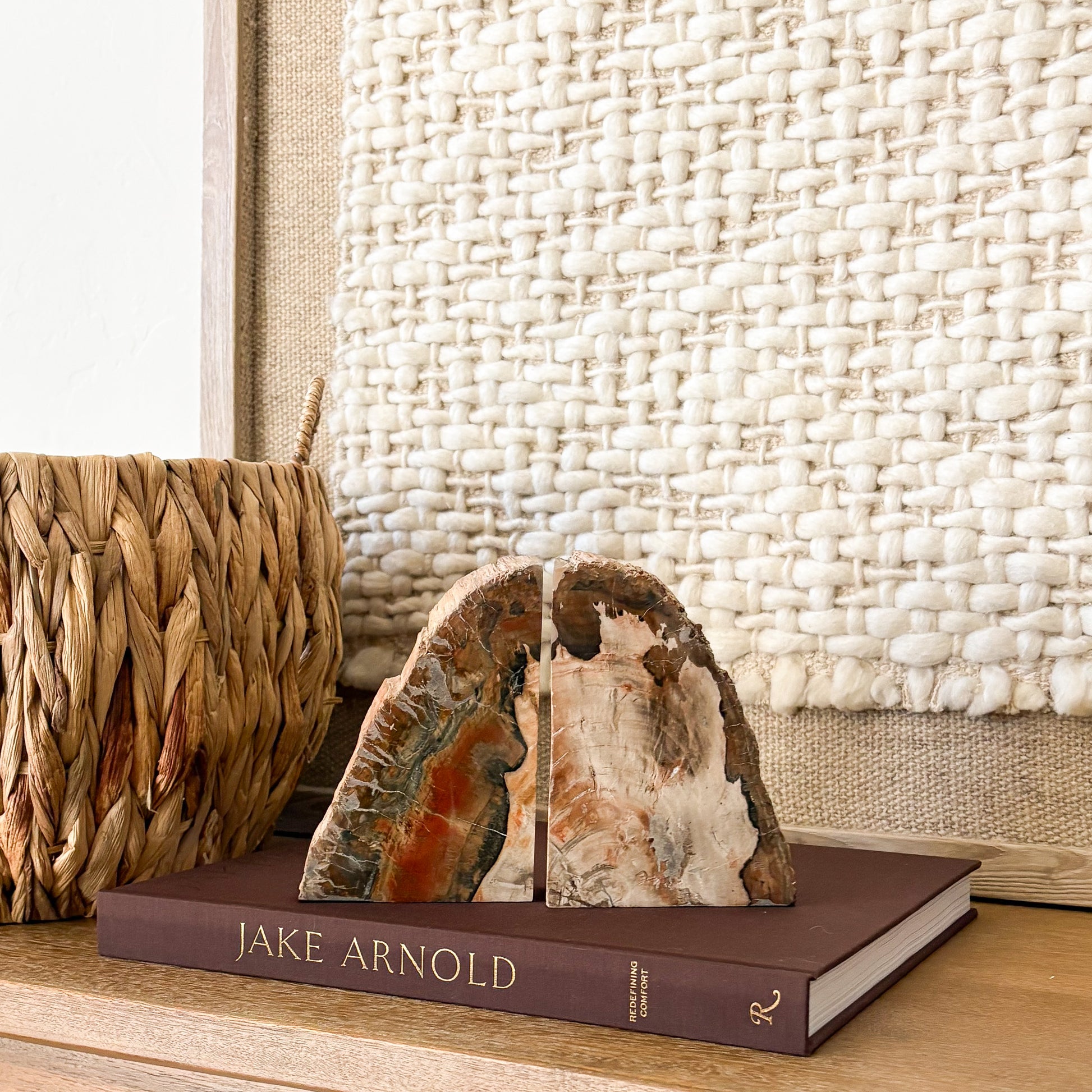 Decorative Madagascar fossil wood bookend pair in warm earth tones for modern home décor
