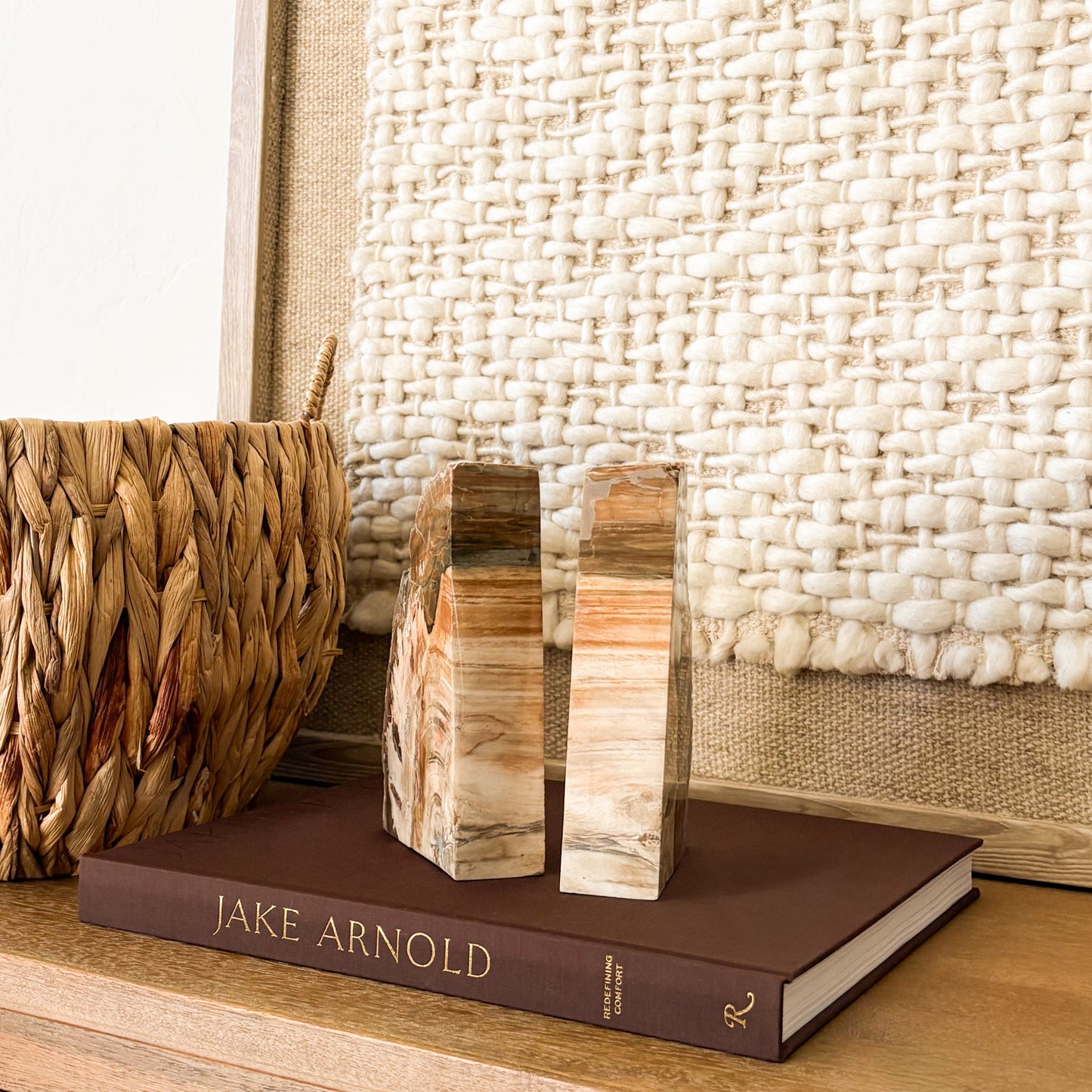 Decorative Madagascar petrified wood bookend pair featuring polished fossil wood cross-section