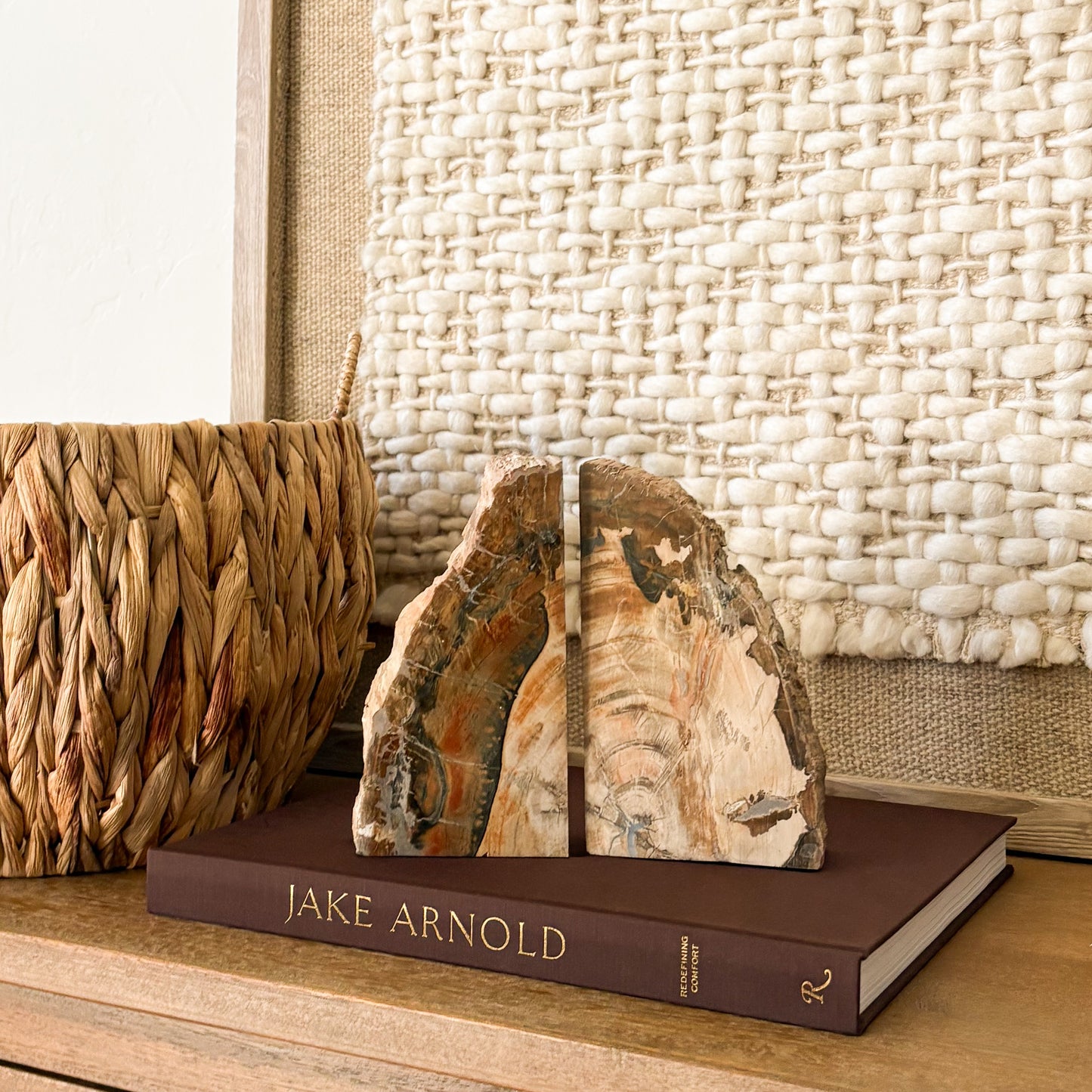 Madagascar petrified wood bookend pair with natural fossilized wood grain and polished cut face
