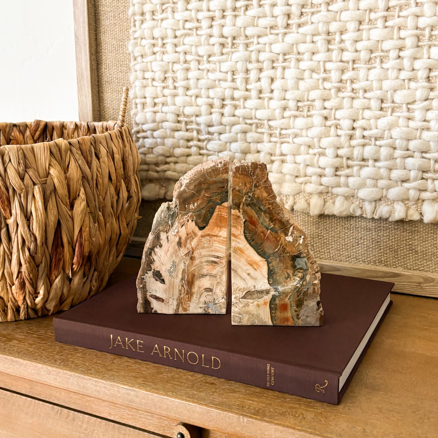 Madagascar petrified wood bookends with natural fossilized wood grain used as decorative shelf bookends