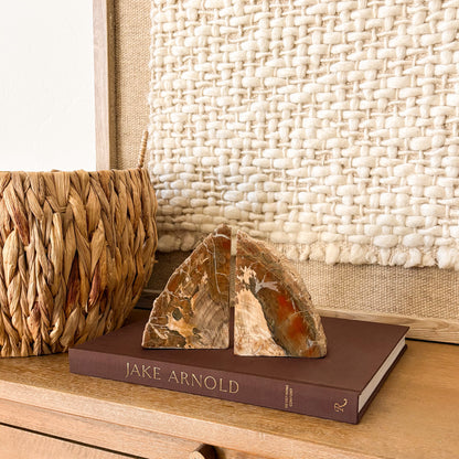 Madagascar petrified wood bookend pair, natural fossil wood crystal bookends for home or office decor