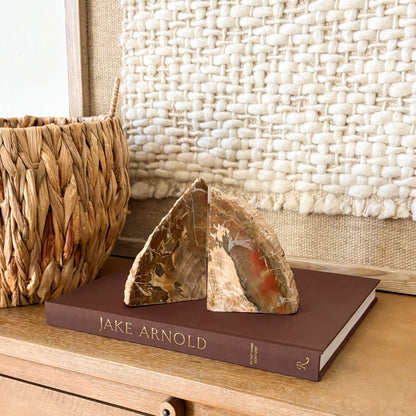 Fossilized Madagascar petrified wood bookend pair with visible mineralized wood grain