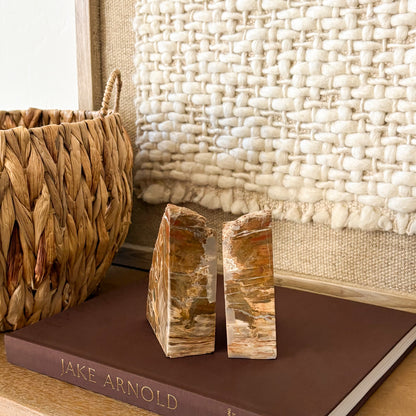 Madagascar petrified wood bookend pair made from natural fossilized wood with polished stone face