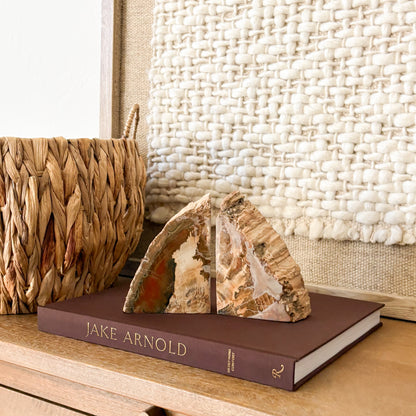 Pair of Madagascar petrified wood bookends featuring polished fossilized wood with natural earth-tone patterns